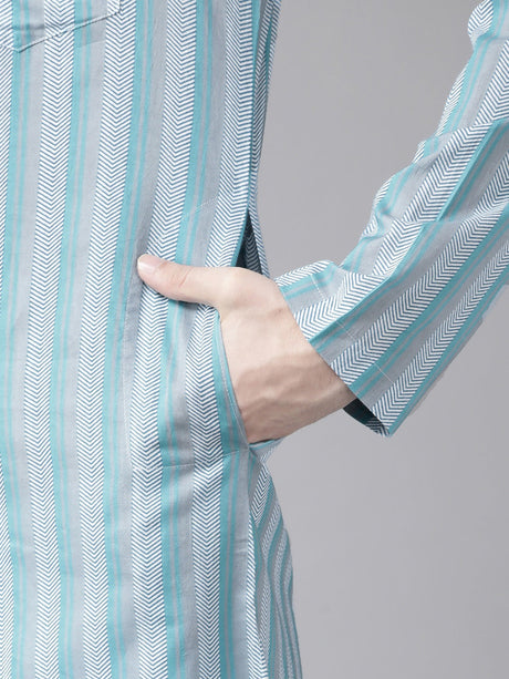 Buy Men's Multi Cotton Stripe Printed Straight Kurta Online - Side