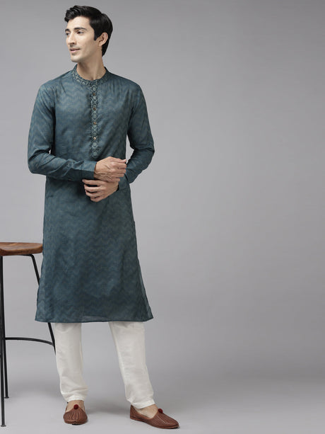 Buy Men's Teal Cotton Abstract Thread Work Straight Kurta Online