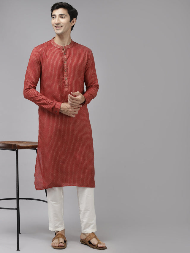 Buy Men's Maroon Cotton Woven Thread Work Straight Kurta Online