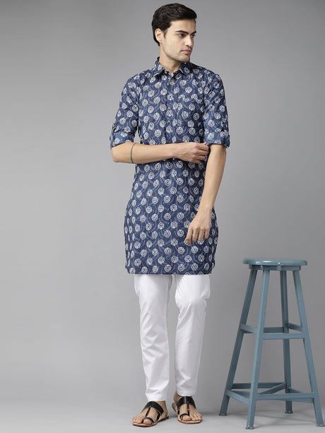 Buy Men's Indigo Pure Cotton Printed Pathani Set Online
