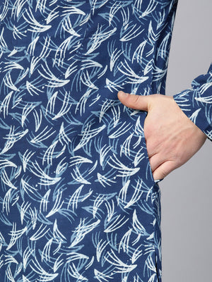 Buy Men's Blue Cotton Tie-And-Dye Block Prints Kurta Pajama Set Online - Zoom Out