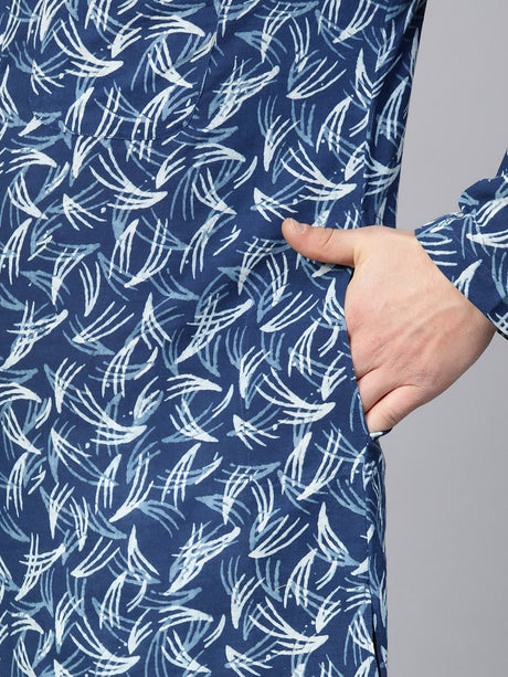 Buy Men's Blue Cotton Tie-And-Dye Block Prints Kurta Pajama Set Online - Zoom Out