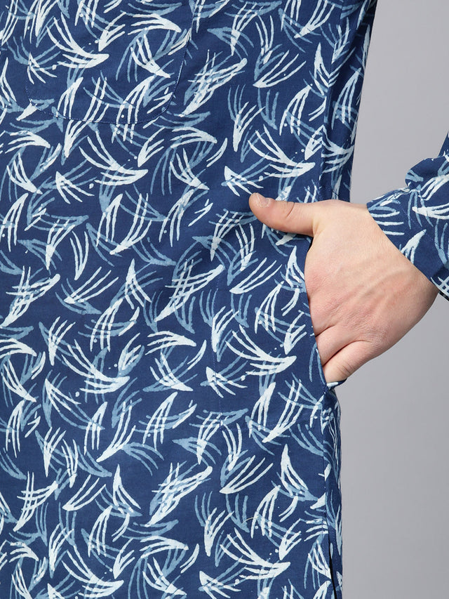 Buy Men's Blue Cotton Tie-And-Dye Block Prints Kurta Pajama Set Online - Zoom Out
