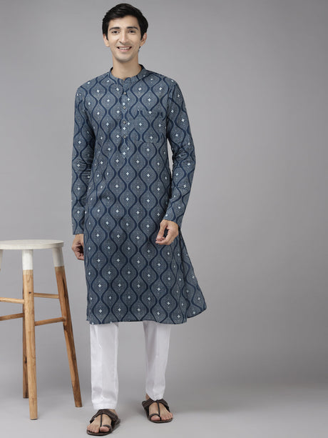 Buy Men's Blue Cotton Printed Kurta Pajama Set Online