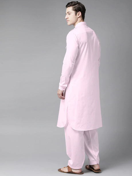 Buy Men's Pink Cotton Solid Pathani Set Online - Front