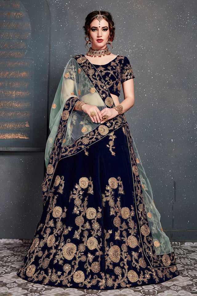 Navy Blue Velvet Zari And Sequins Embroidery Work Lehenga Set ('7201)