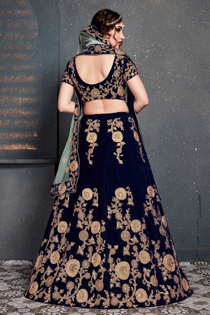 Navy Blue Velvet Zari And Sequins Embroidery Work Lehenga Set ('7201)