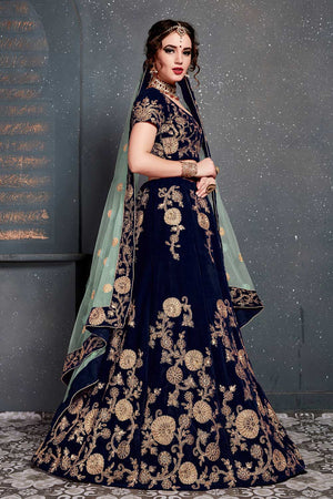 Navy Blue Velvet Zari And Sequins Embroidery Work Lehenga Set ('7201)