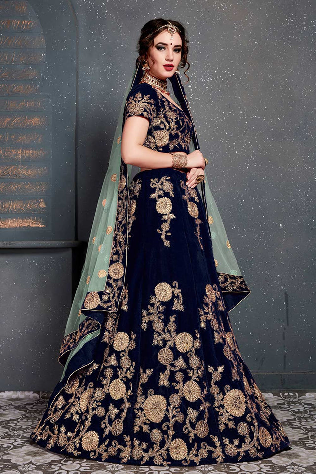 Navy Blue Velvet Zari And Sequins Embroidery Work Lehenga Set ('7201)