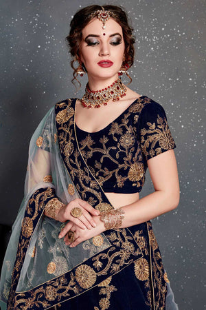 Navy Blue Velvet Zari And Sequins Embroidery Work Lehenga Set ('7201)