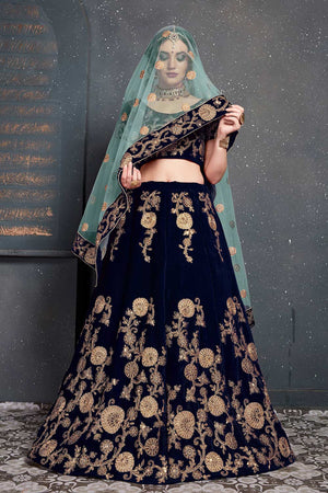 Navy Blue Velvet Zari And Sequins Embroidery Work Lehenga Set ('7201)