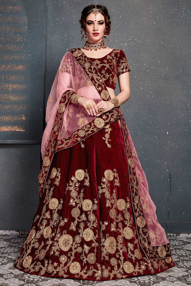 Maroon Velvet Zari And Sequins Embroidery Work Lehenga Set ('7202)