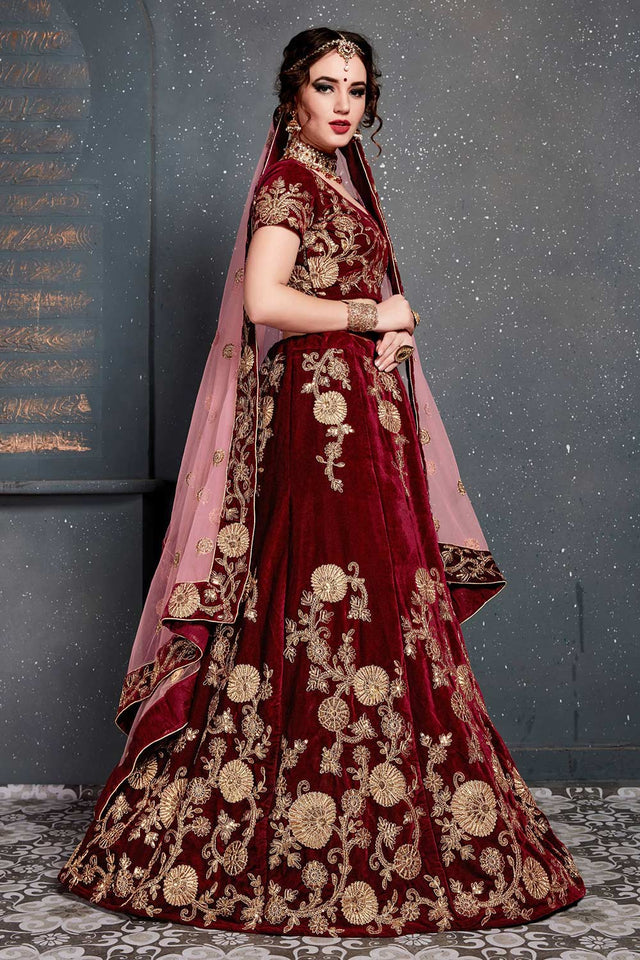 Maroon Velvet Zari And Sequins Embroidery Work Lehenga Set ('7202)