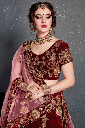 Maroon Velvet Zari And Sequins Embroidery Work Lehenga Set ('7202)