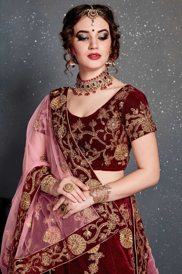 Maroon Velvet Zari And Sequins Embroidery Work Lehenga Set ('7202)