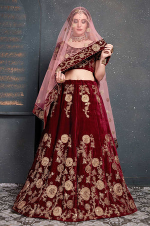 Maroon Velvet Zari And Sequins Embroidery Work Lehenga Set ('7202)