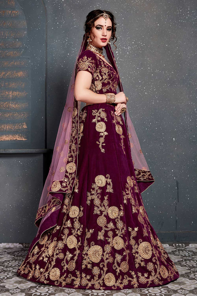 Purple Velvet Zari And Sequins Embroidery Work Lehenga Set ('7204)