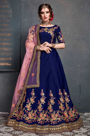Dark Blue Taffeta Satin Silk Zari Embroidery With Diamond Work Lehenga Set ('7205)