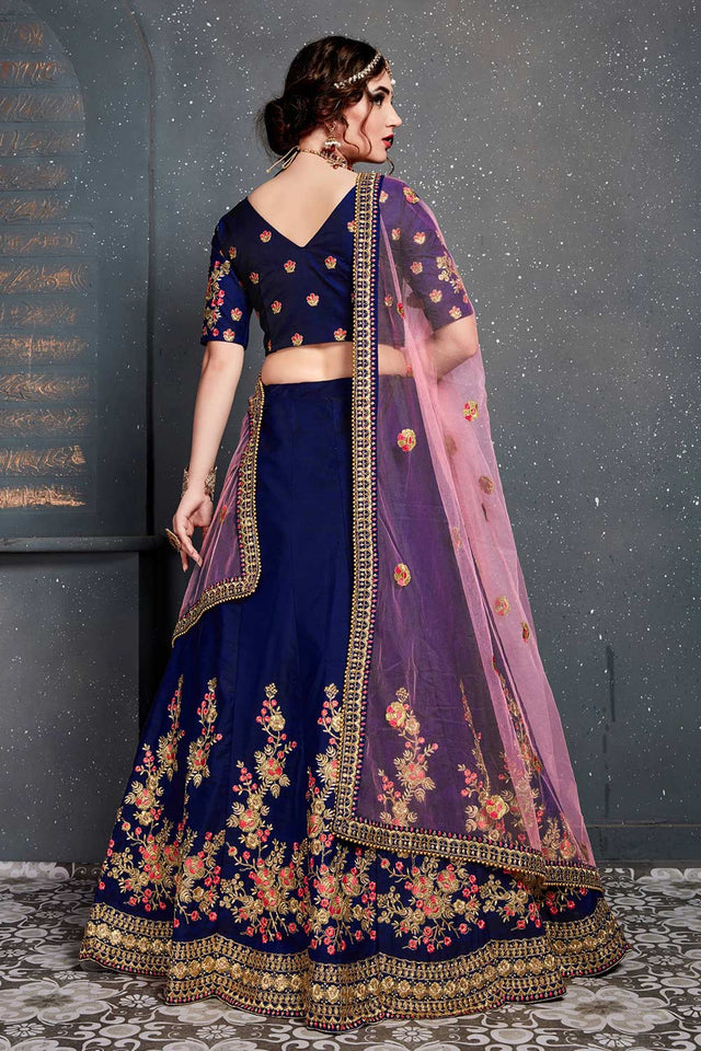 Dark Blue Taffeta Satin Silk Zari Embroidery With Diamond Work Lehenga Set ('7205)