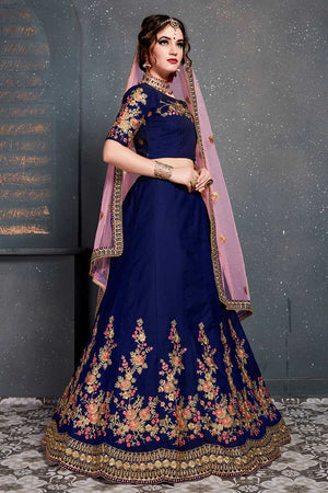 Dark Blue Taffeta Satin Silk Zari Embroidery With Diamond Work Lehenga Set ('7205)