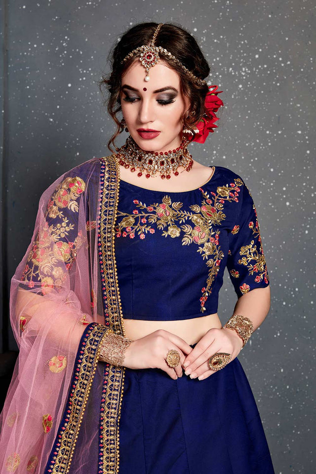 Dark Blue Taffeta Satin Silk Zari Embroidery With Diamond Work Lehenga Set ('7205)