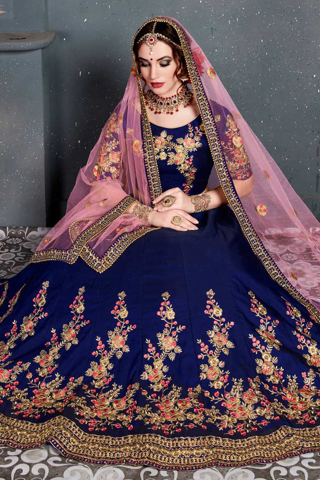 Dark Blue Taffeta Satin Silk Zari Embroidery With Diamond Work Lehenga Set ('7205)