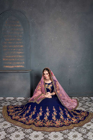 Dark Blue Taffeta Satin Silk Zari Embroidery With Diamond Work Lehenga Set ('7205)