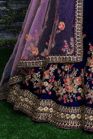 Dark Blue Taffeta Satin Silk Zari Embroidery With Diamond Work Lehenga Set ('7205)