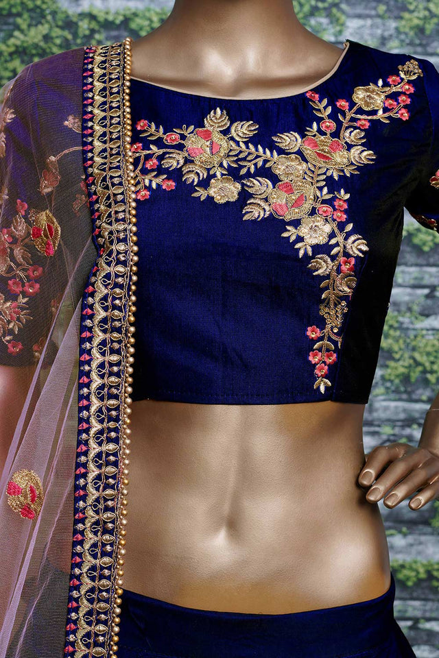 Dark Blue Taffeta Satin Silk Zari Embroidery With Diamond Work Lehenga Set ('7205)