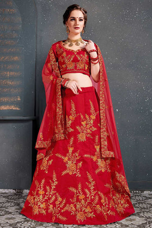 Red Slub Silk Zari Embroidery With Diamond Work Lehenga Set ('7208)