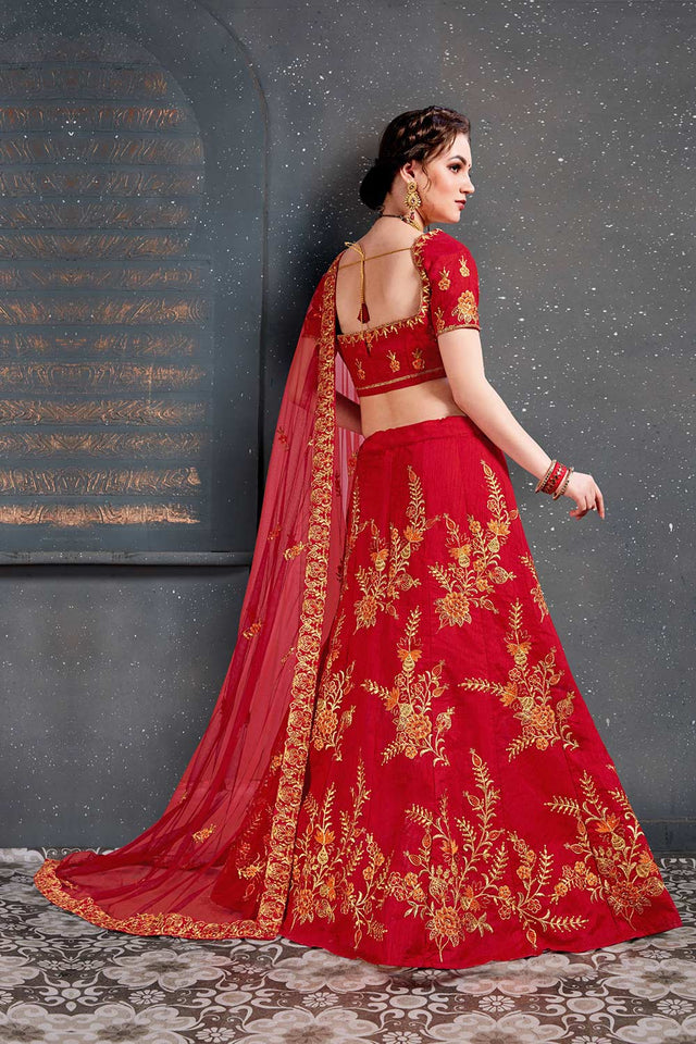 Red Slub Silk Zari Embroidery With Diamond Work Lehenga Set ('7208)