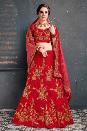 Red Slub Silk Zari Embroidery With Diamond Work Lehenga Set ('7208)
