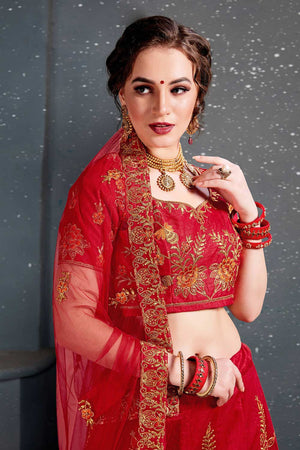 Red Slub Silk Zari Embroidery With Diamond Work Lehenga Set ('7208)