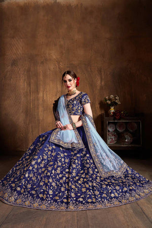 Navy Blue Raw Silk Badla And Sequins Embroidery Lehenga Set ('7401)
