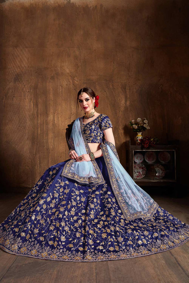 Navy Blue Raw Silk Badla And Sequins Embroidery Lehenga Set ('7401)