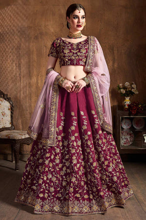 Maroon Raw Silk Badla And Sequins Embroidery Lehenga Set ('7402)
