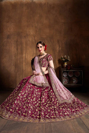 Maroon Raw Silk Badla And Sequins Embroidery Lehenga Set ('7402)