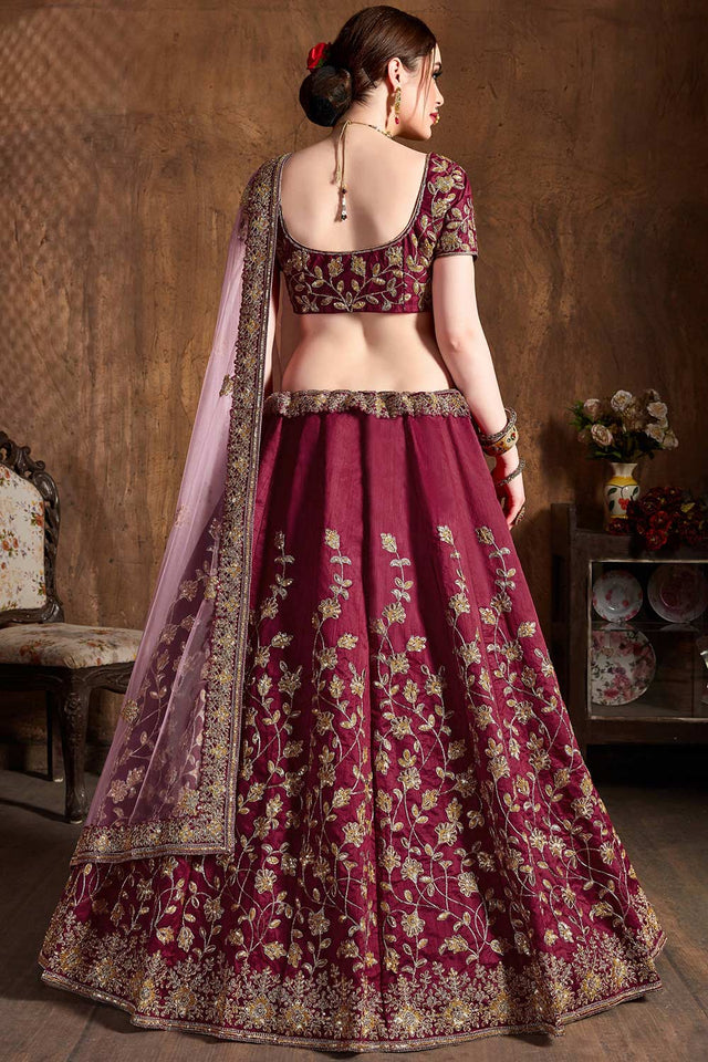Maroon Raw Silk Badla And Sequins Embroidery Lehenga Set ('7402)