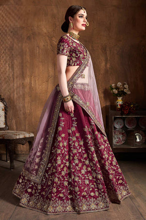 Maroon Raw Silk Badla And Sequins Embroidery Lehenga Set ('7402)