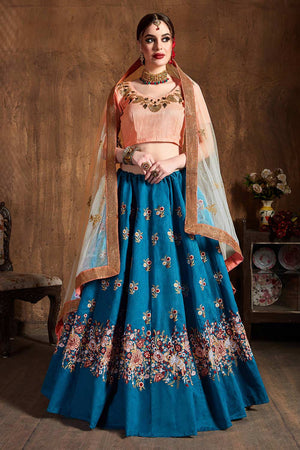Teal Blue Raw Silk Sequins Resham Thread And Embroidery Lehenga Set ('7403)