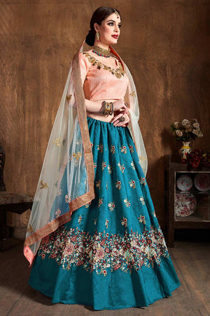 Teal Blue Raw Silk Sequins Resham Thread And Embroidery Lehenga Set ('7403)
