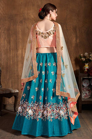 Teal Blue Raw Silk Sequins Resham Thread And Embroidery Lehenga Set ('7403)