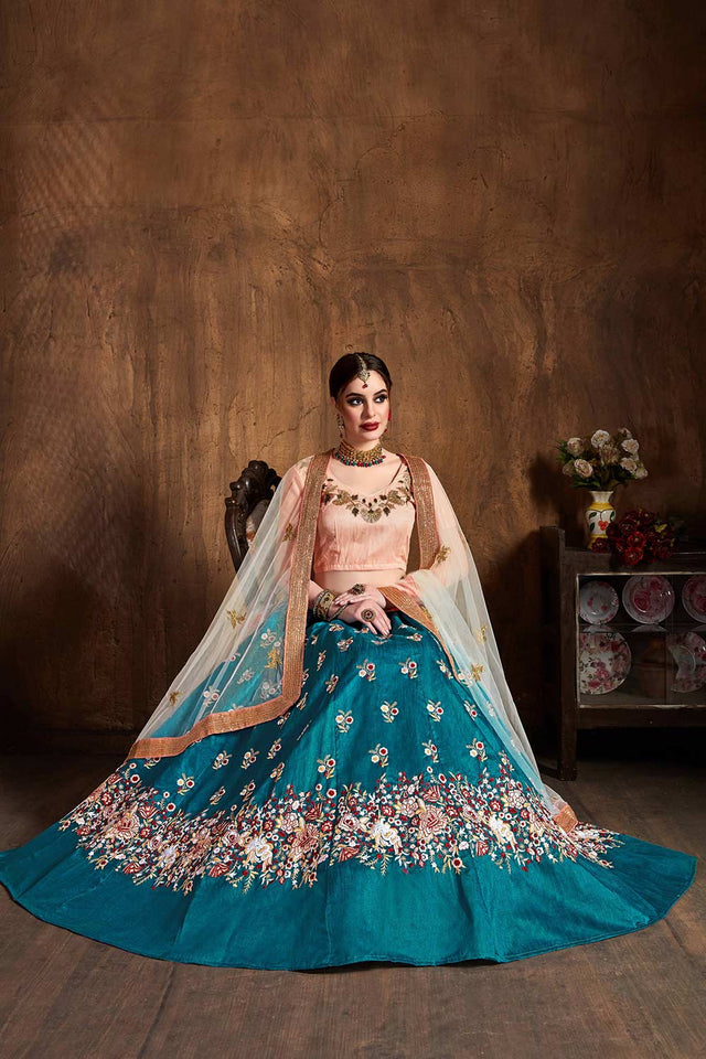 Teal Blue Raw Silk Sequins Resham Thread And Embroidery Lehenga Set ('7403)