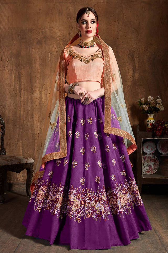 Purple Raw Silk Sequins Resham Thread And Embroidery Lehenga Set ('7404)