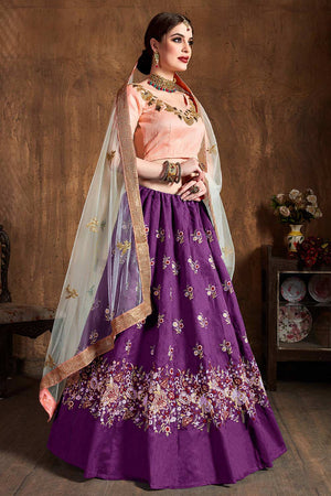 Purple Raw Silk Sequins Resham Thread And Embroidery Lehenga Set ('7404)