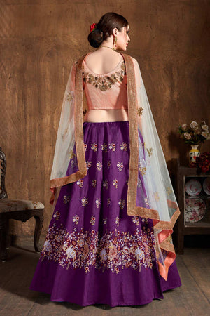 Purple Raw Silk Sequins Resham Thread And Embroidery Lehenga Set ('7404)