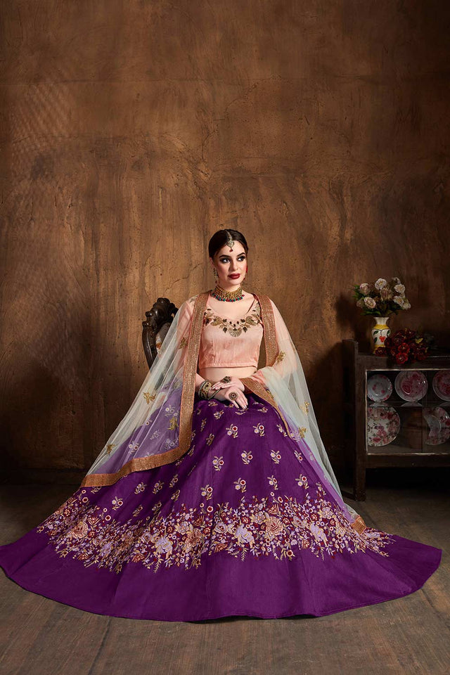 Purple Raw Silk Sequins Resham Thread And Embroidery Lehenga Set ('7404)
