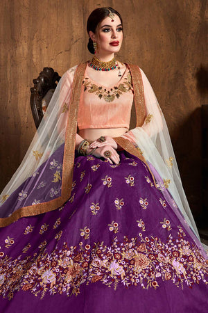 Purple Raw Silk Sequins Resham Thread And Embroidery Lehenga Set ('7404)