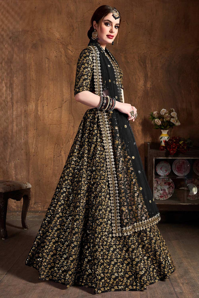 Black Raw Silk Zari And Sequins Heavy Embroidery Work Lehenga Set ('7405)