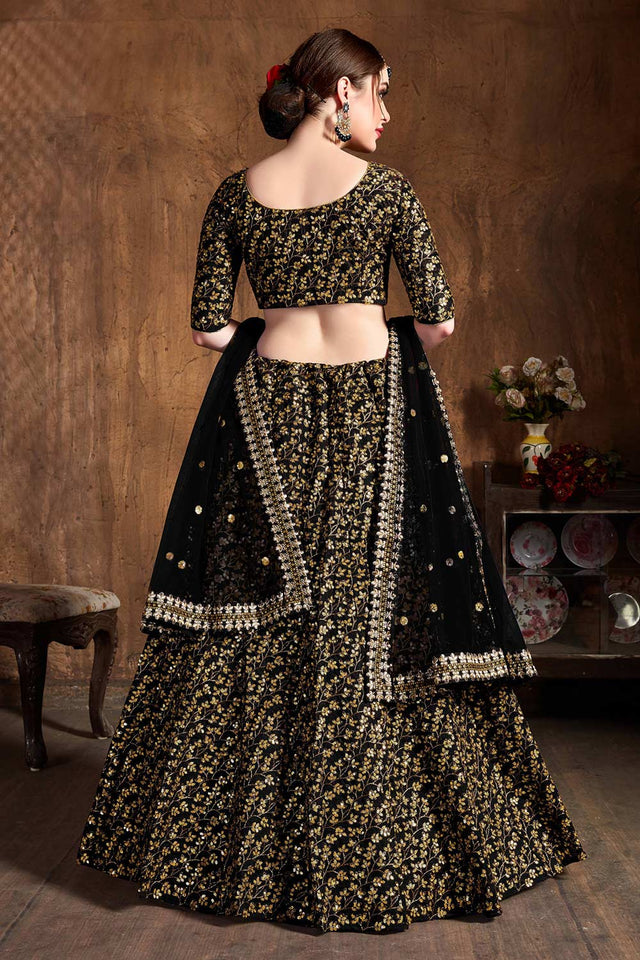 Black Raw Silk Zari And Sequins Heavy Embroidery Work Lehenga Set ('7405)
